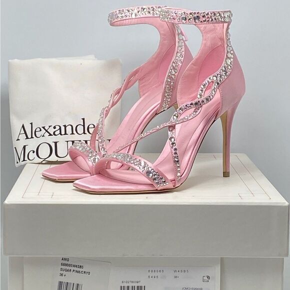 Alexander McQueen Crystal Satin Ankle-Cuff Cocktail Sandals size 36.5 - Picture 11 of 13